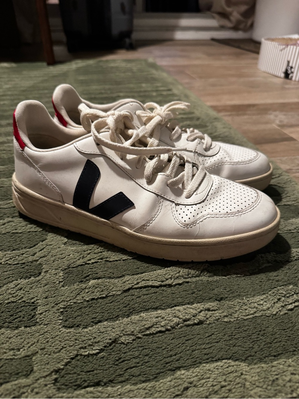 Veja White Leather Sneakers with Black V and Red Heel Tab